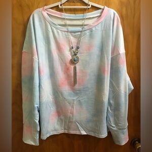 NEW XL Pink & Blue Watercolor Long Sleeve Tee